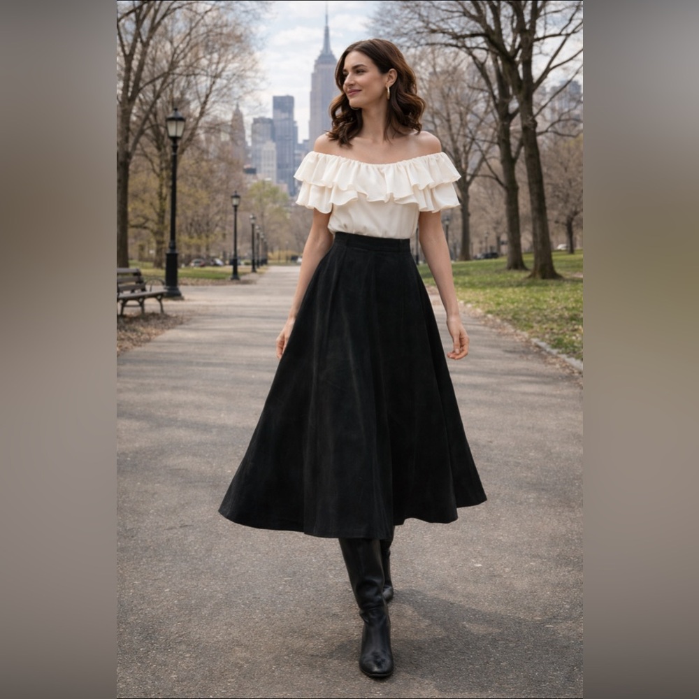 Vintage Leather Suede Skirt Black Midi Toff's 18-22W Classic